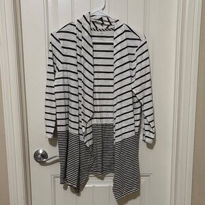 Talbots Striped Open Front Cardigan - Olive‎ Green & White